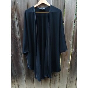 Vintage Adrienne Landau Black Wool Wrap Kimono Cape Shaw Satin Trim l O/S